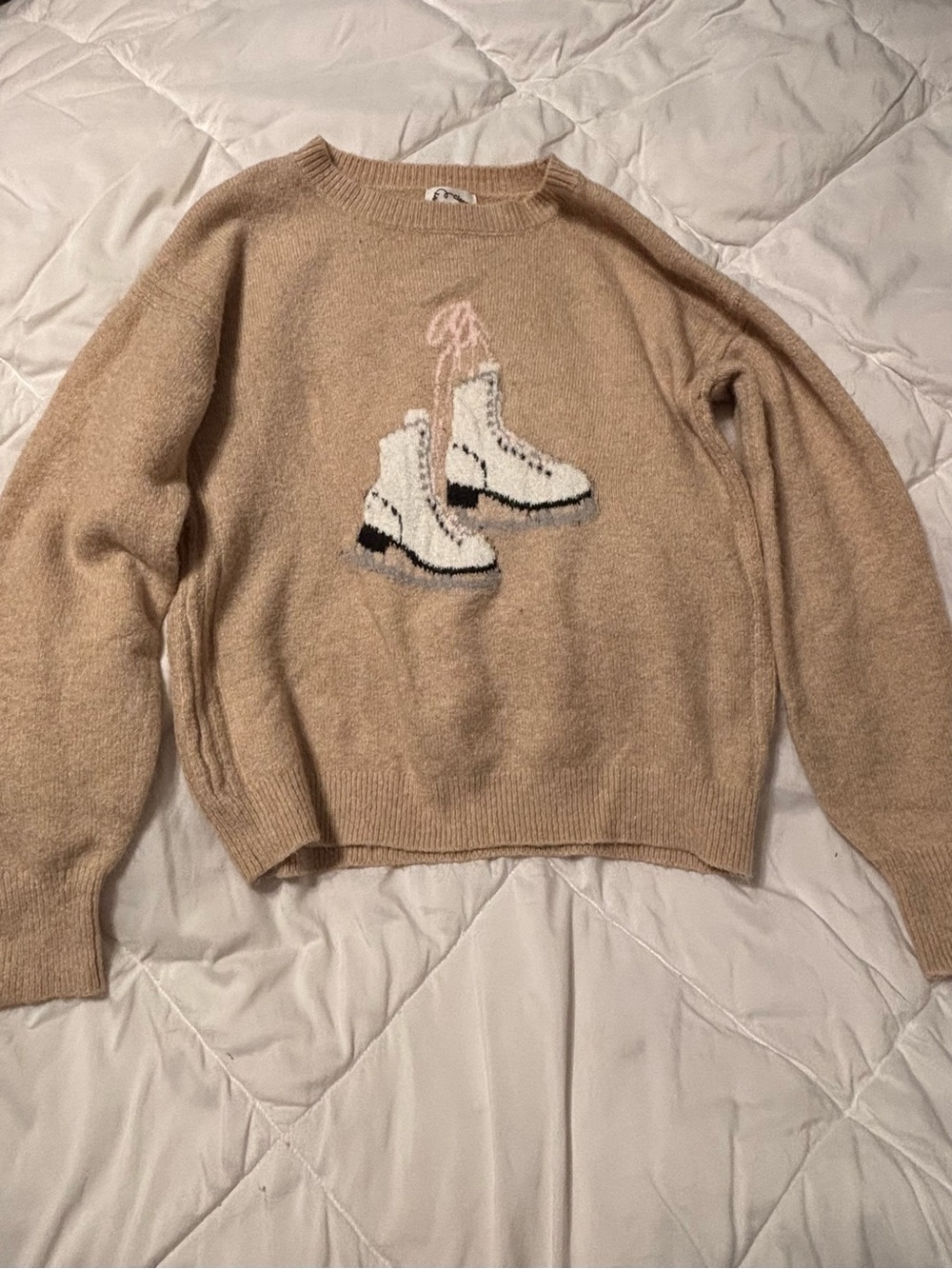 art class Beige Crewneck Sweater with White Ice Skate Graphic